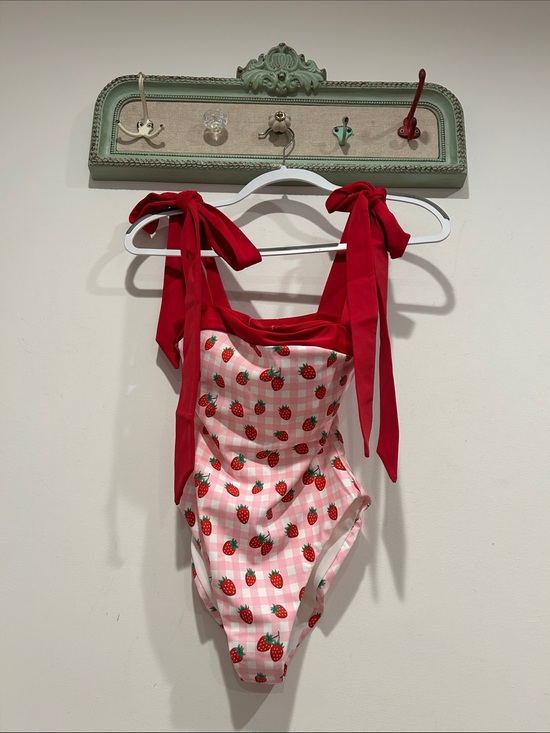 Dolls Kill Other - Dolls Kill Red Pink Strawberry Gingham One-Piece bow strap Swimsuit women’s xxs